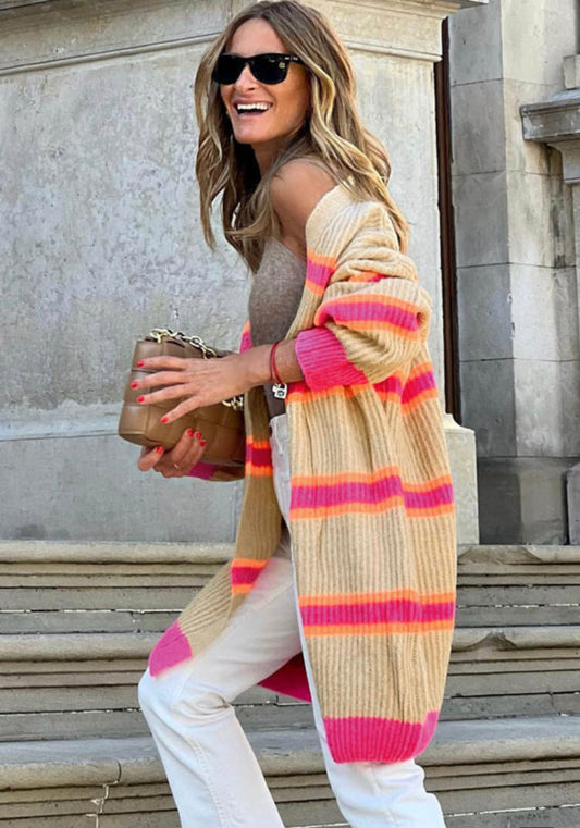 The Stripped Printed Ribbed Long Knitted Cardigan