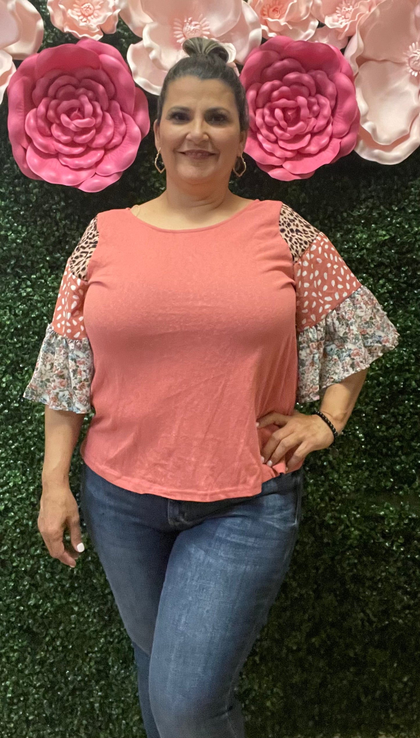 Salmon Mix Print Top