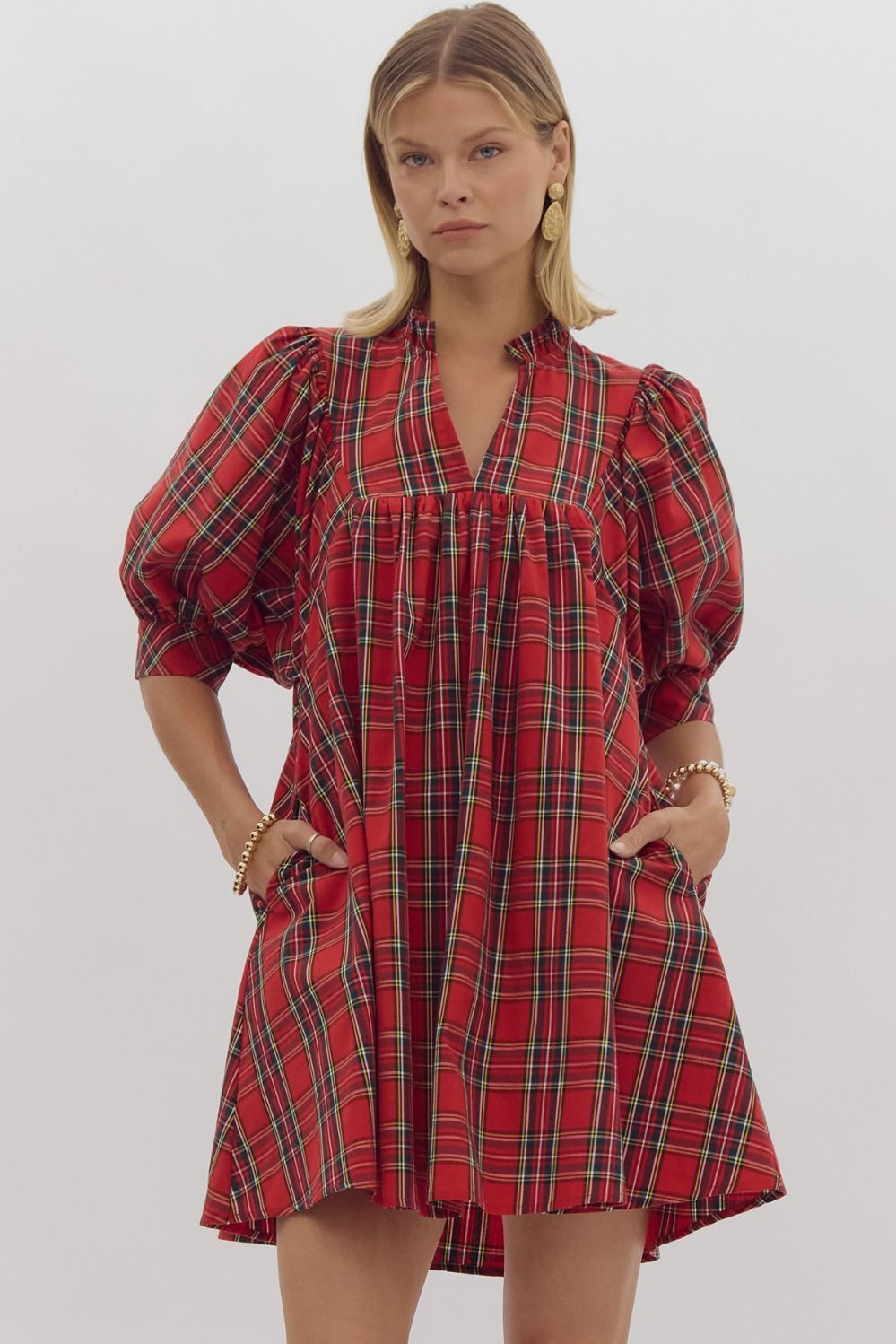 Red Plaid Joy to the World Dress