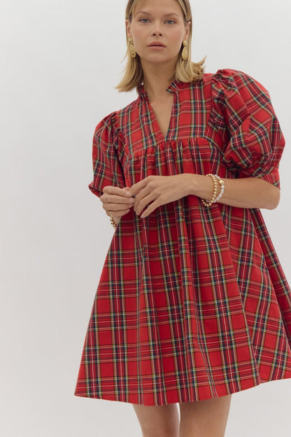 Red Plaid Joy to the World Dress