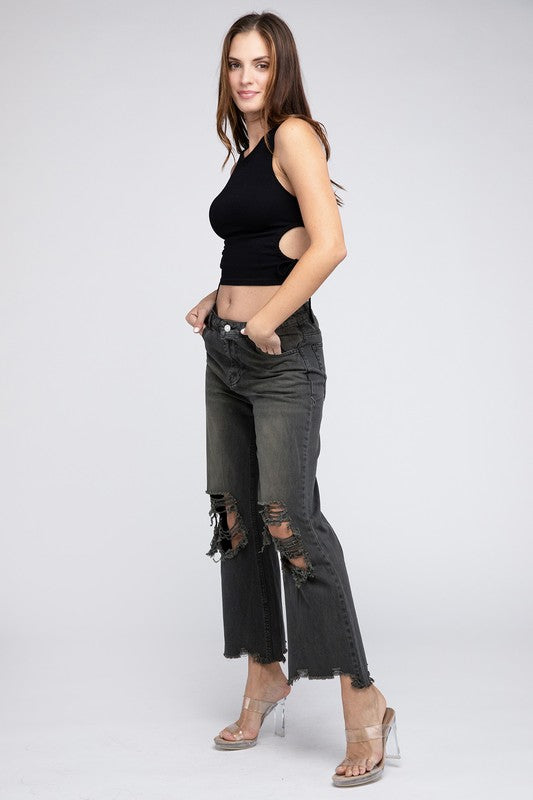 Distressed Vintage Washed Wide Leg Pants