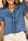 Beau Blue button front ruffled flutter frayed denim top