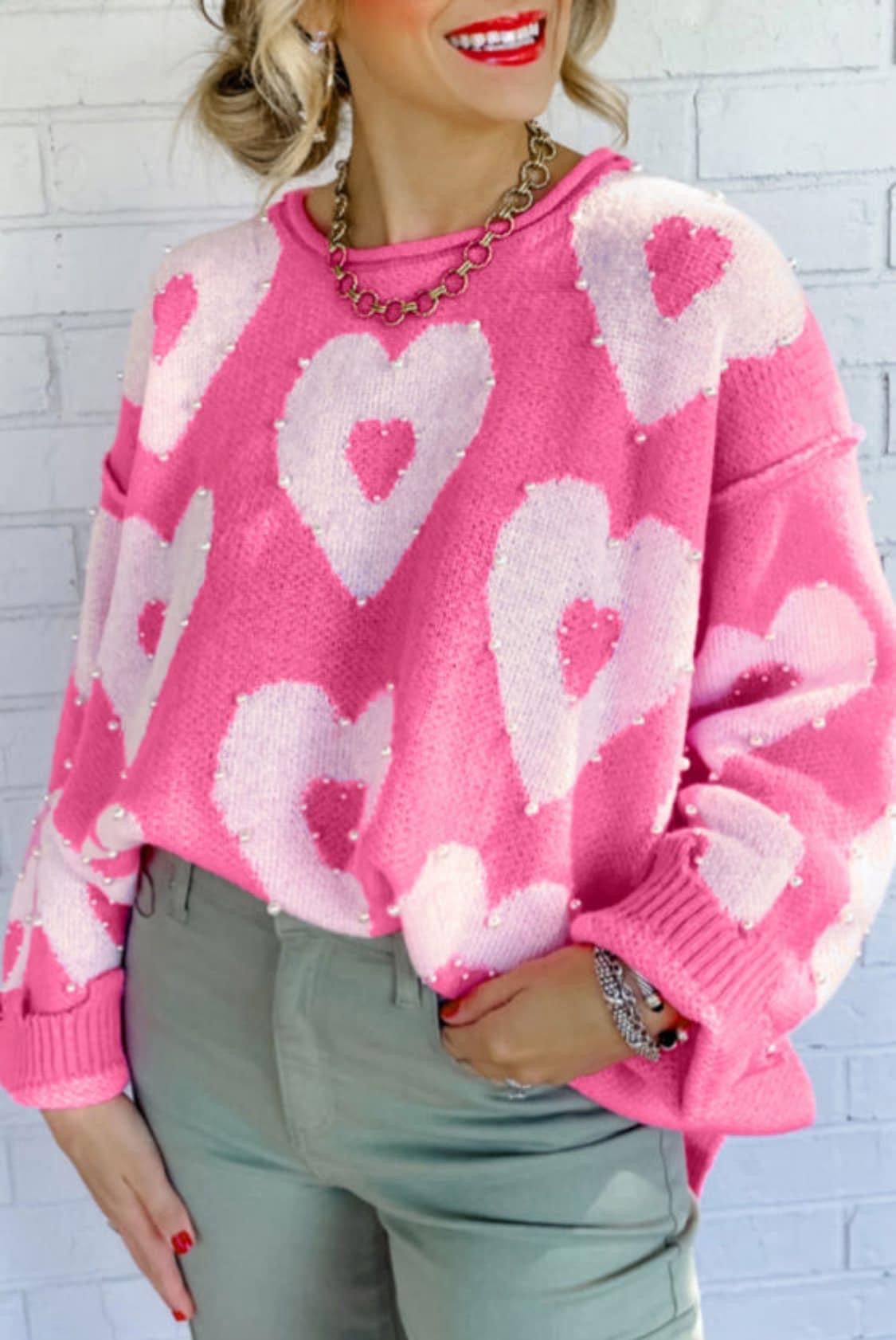 Pearl beaded heart sweater