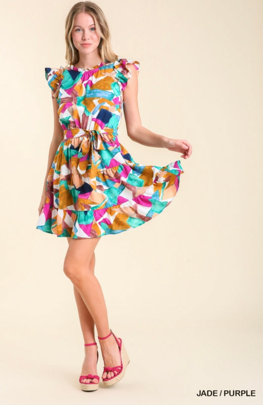 Abstract Print Round Neck Tiered Dress