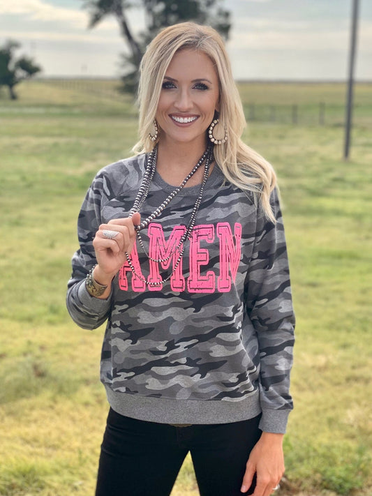 Amen Long Sleeve Camo Top with Pink Ink