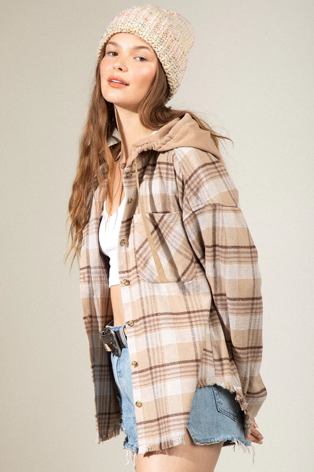 Plaid hooded frayed hem jacket