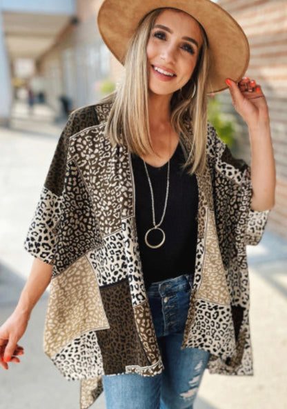 Brown Leopard Color Block Kimono
