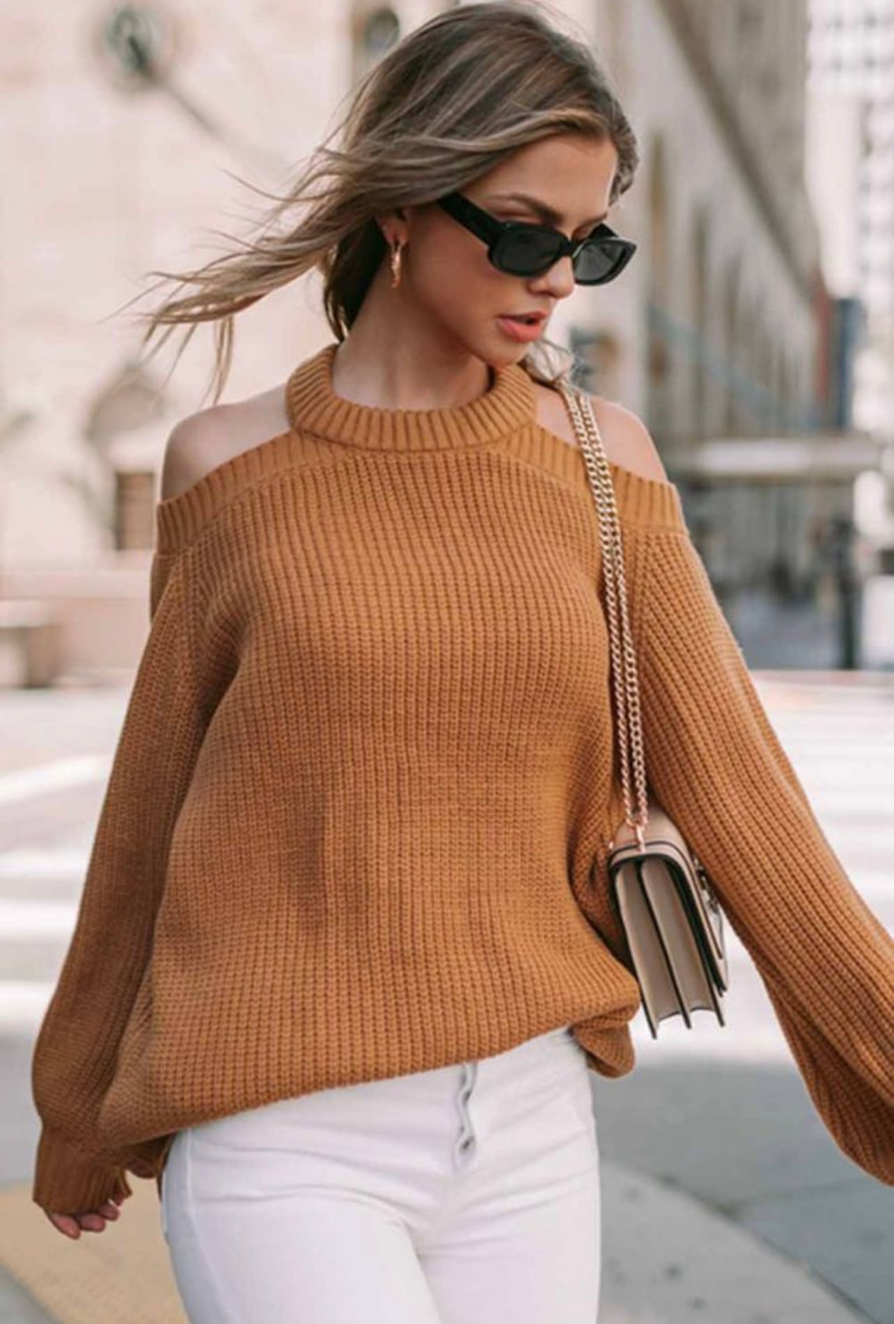 Crew Neck Cold Shoulder Hollow-out Back Sweater